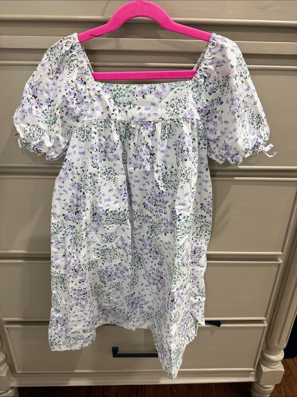 Crewcuts White Floral Puff-Sleeve Dress with Lavender and Green Print